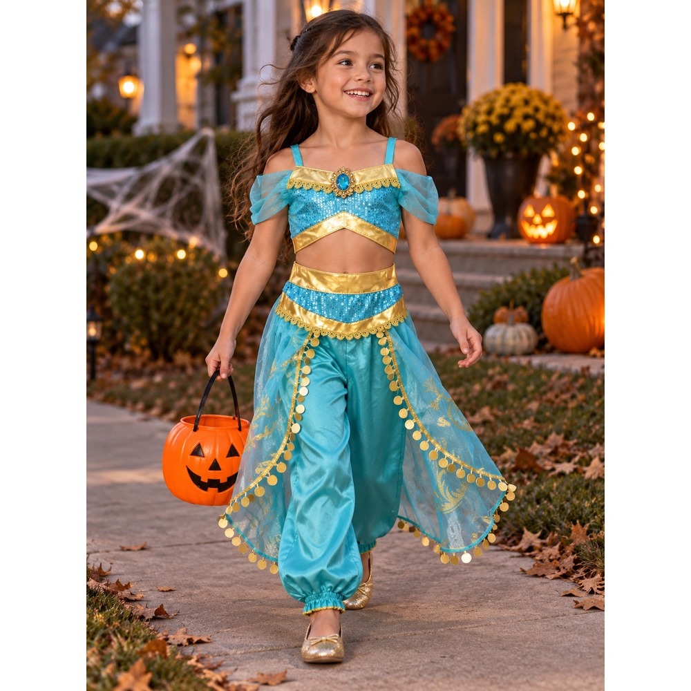 Jasmine Princess Costume Kids Turquoise Blue Gold Sequin 2pc Set Size 110